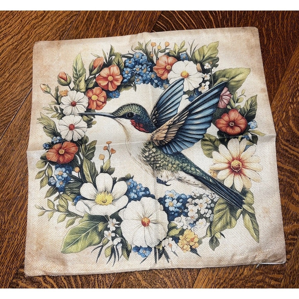 Vintage style Cottagecore Hummingbird Floral Pillow Cover 17x17  New